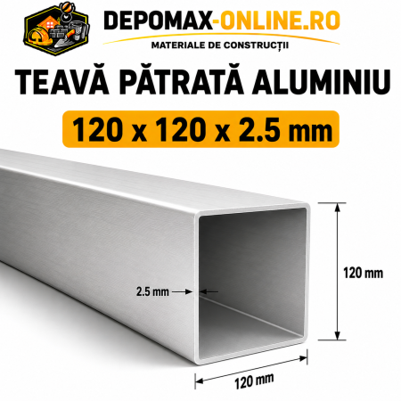 Teava patrata aluminiu 120 x 120 x 2.5 mm, 6 metri (EN AW-6060)